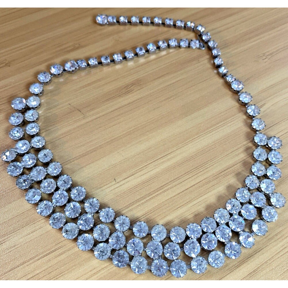 Vintage Clear Rhinestone Statement Necklace Bib Style Silver Tone Bridal Glam